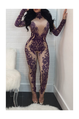 Sexy Nude and Purple Jumpsuit